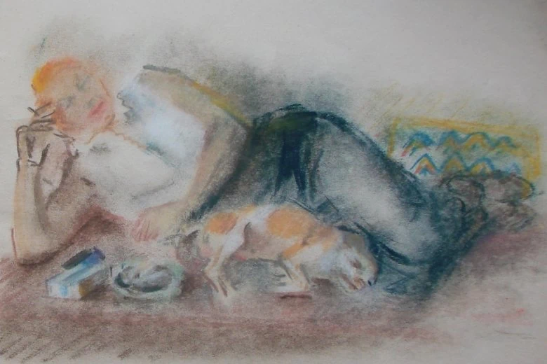 Aleksandra Beļcova. Lūcija Zamaiča. A drawing from sketching album "Baltezers". Early 1930s. Paper, pastel. 22.6 x 29.2 cm. Collection of the Museum of Romans Suta and Aleksandra Beļcova.